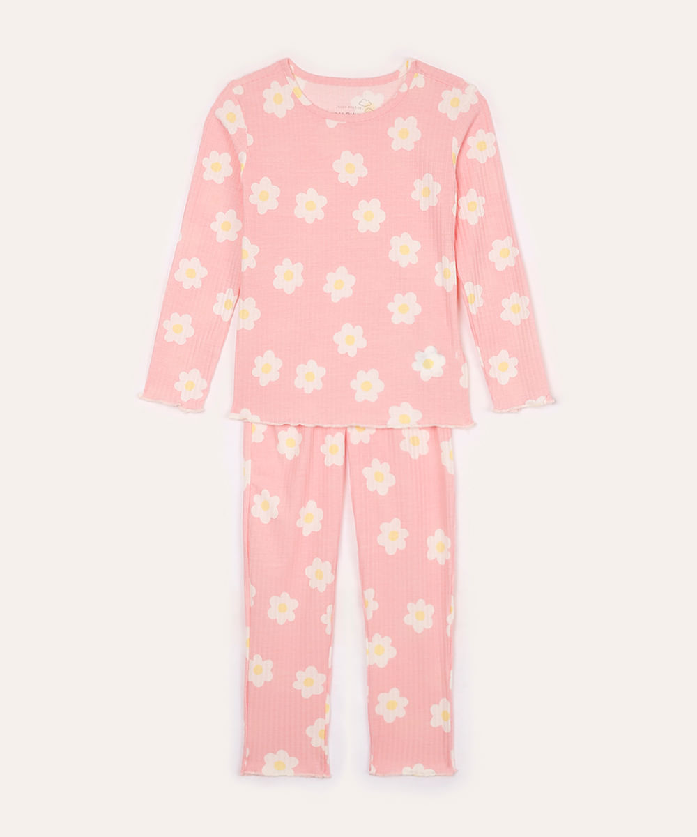 pijama infantil floral canelado rosa
