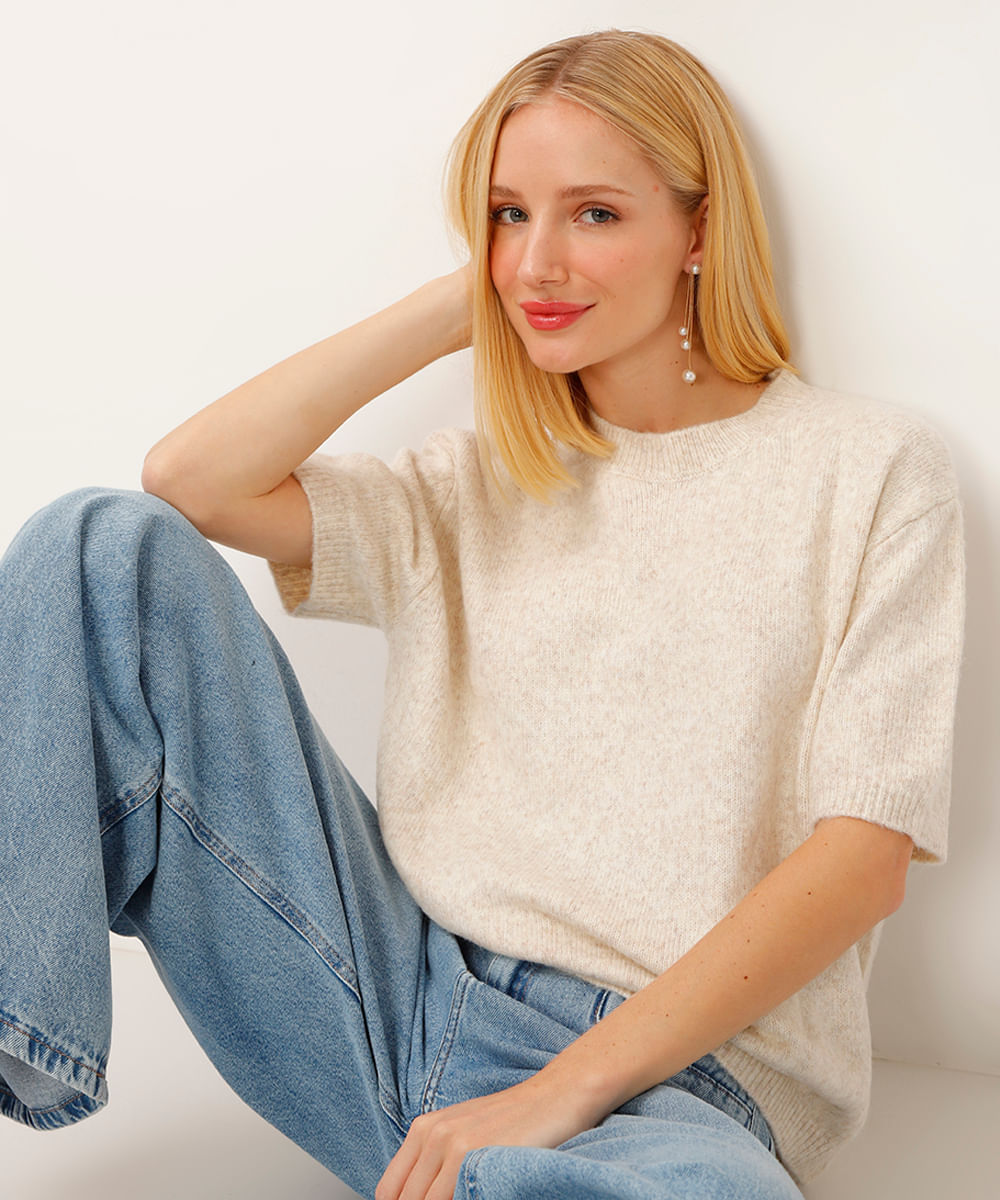 blusa de tricot manga curta bege