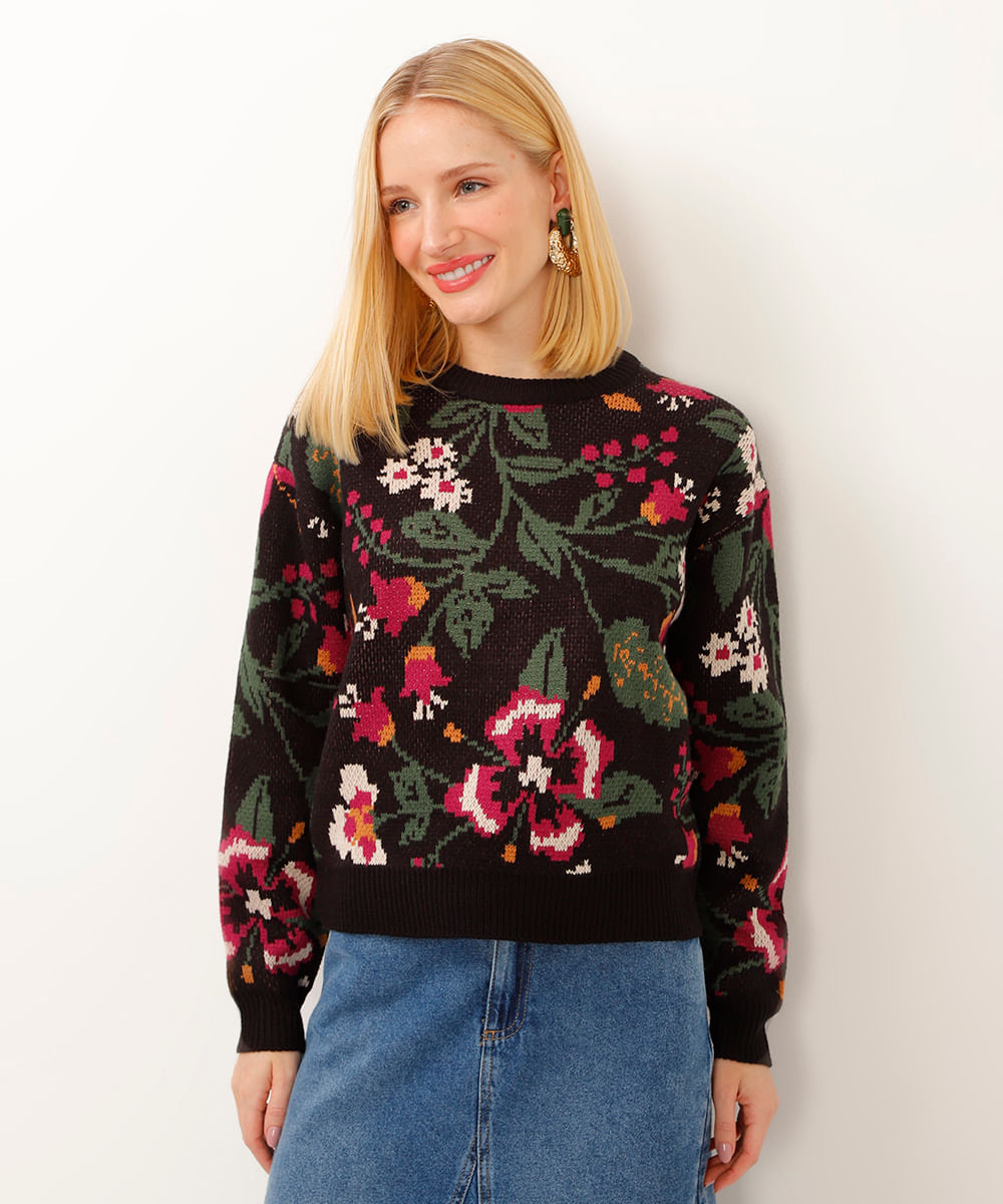 suéter de tricot jacquard floral preto
