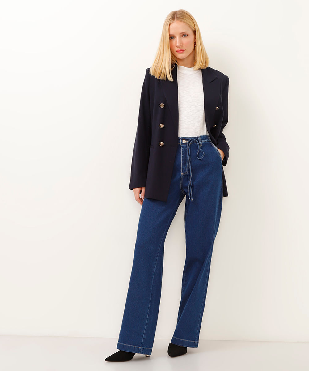calça jeans wide leg cintura alta com cordão sawary - jeans escuro