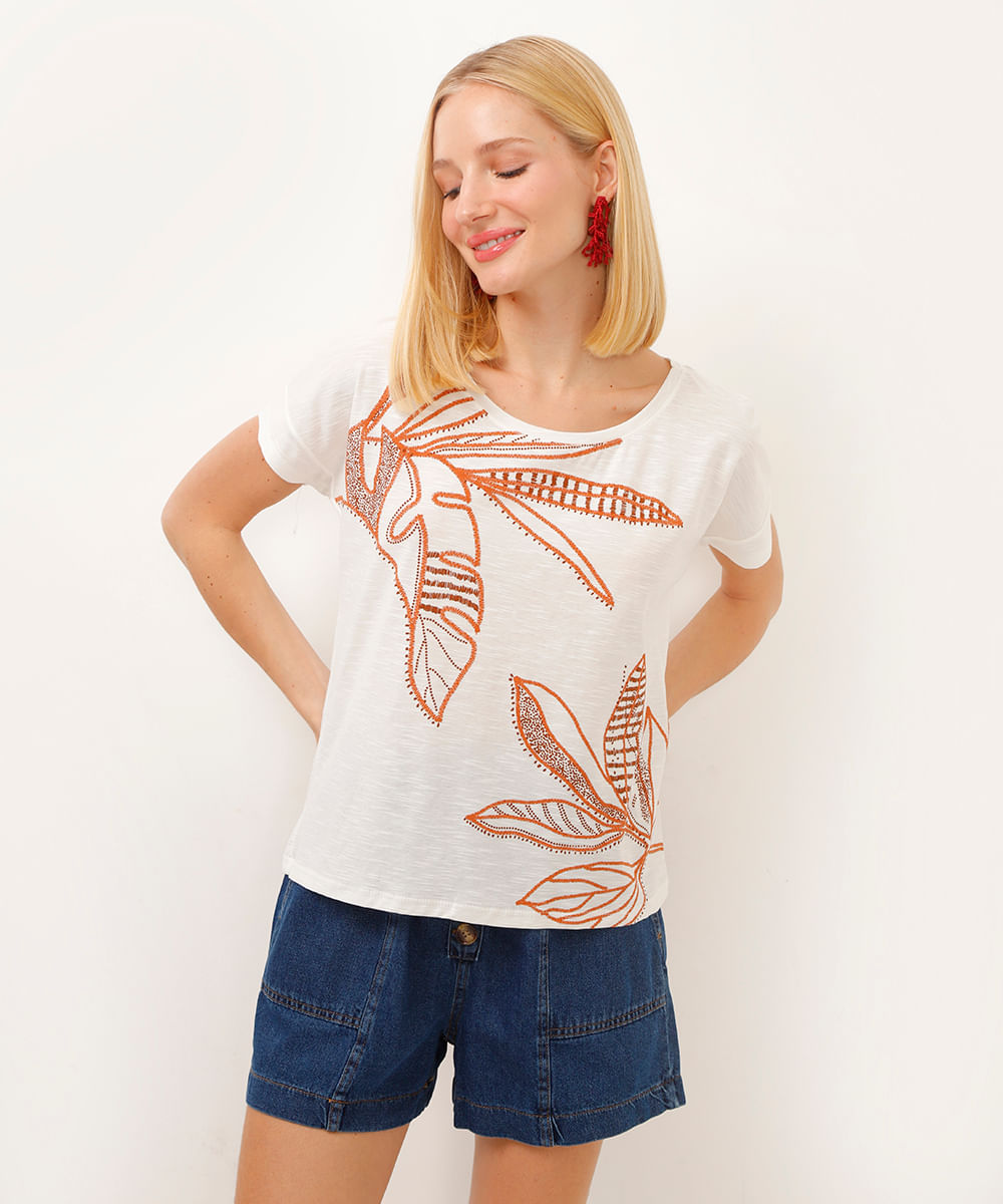 camiseta de algodão manga curta folhagem off white