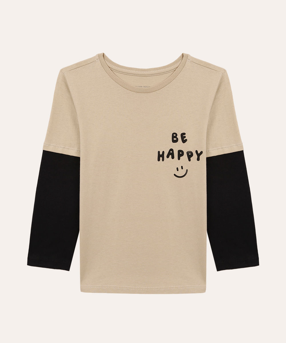 camiseta de algodão infantil sobreposição be happy bege