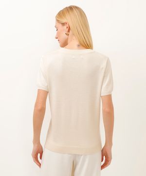 blusa de tricot manga curta com pérolas bege