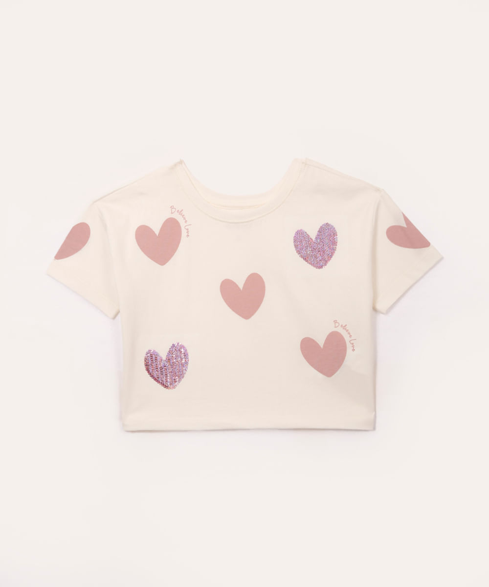 blusa de algodão infantil corações de paetê off white