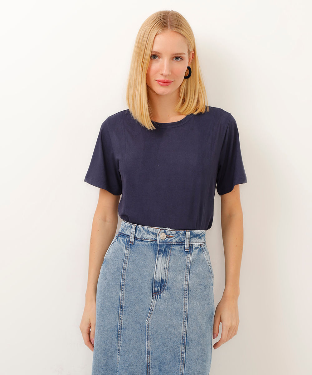 blusa de suede manga curta azul marinho