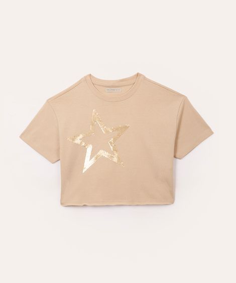 cropped de moletom juvenil estrela de paetê bege