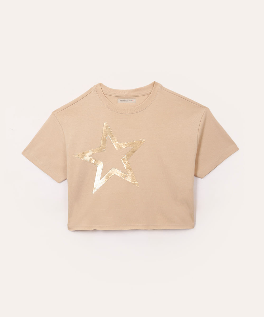 cropped de moletom juvenil estrela de paetê bege