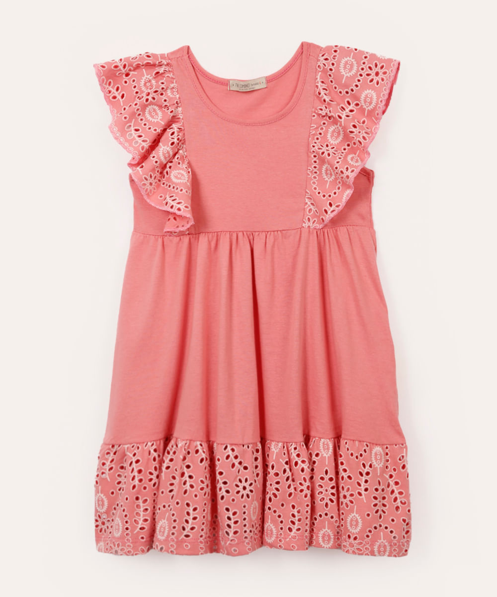 vestido de algodão infantil com laise rosa