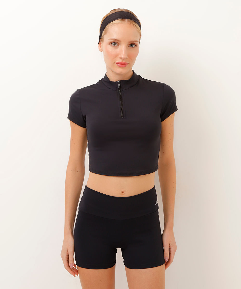 blusa cropped gola alta com zíper esportiva preta