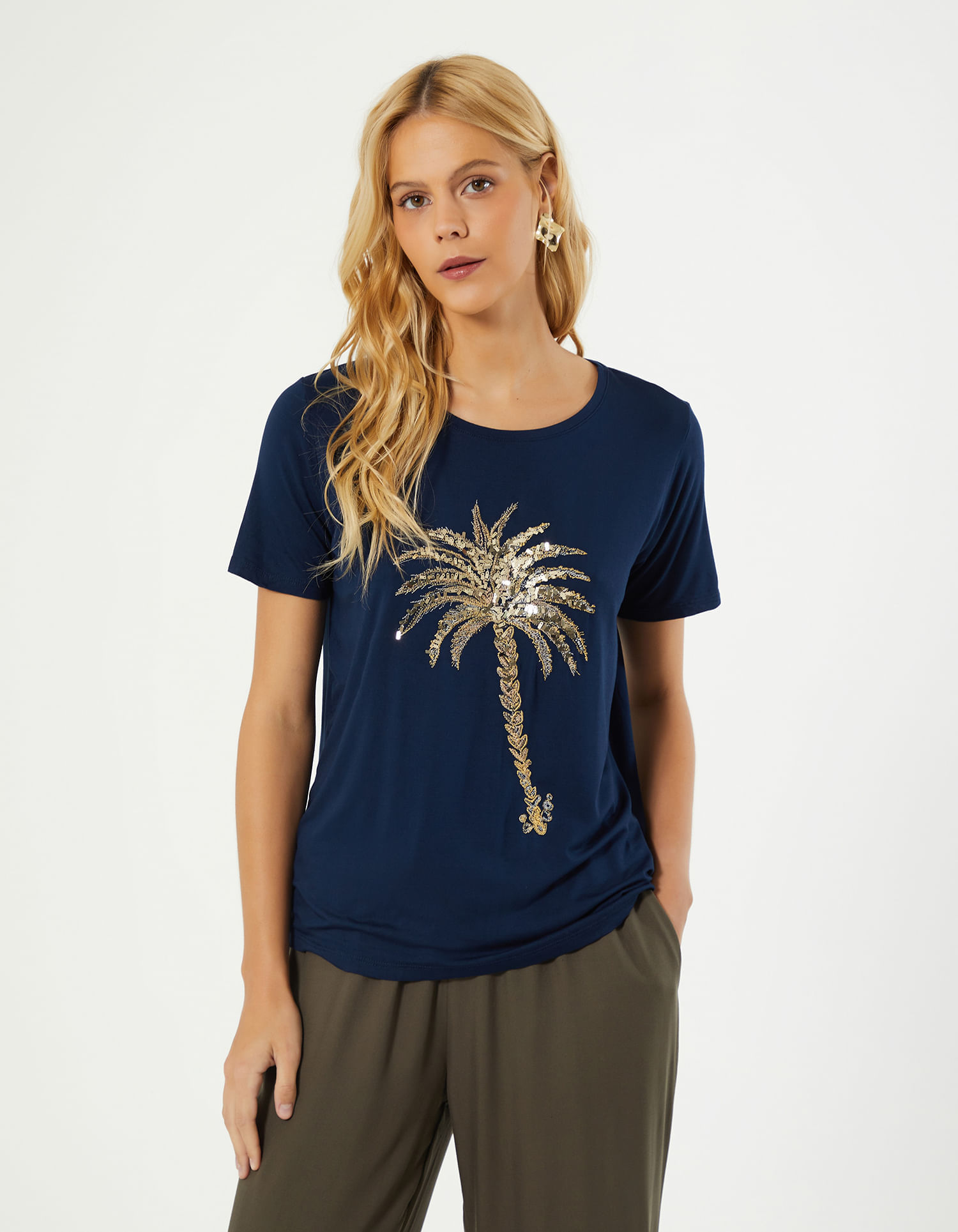 T-Shirt Bordado Palm - Azul Marinho