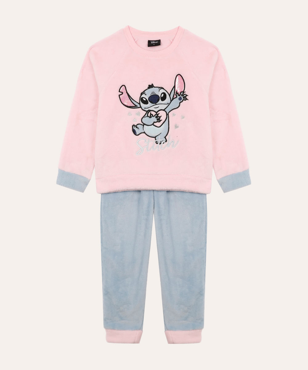 pijama de pelúcia longo infantil stitch com brilho rosa