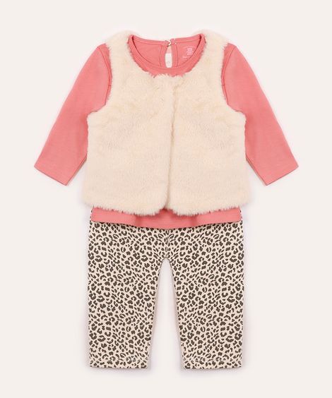 conjunto longo com colete infantil animal print rosa