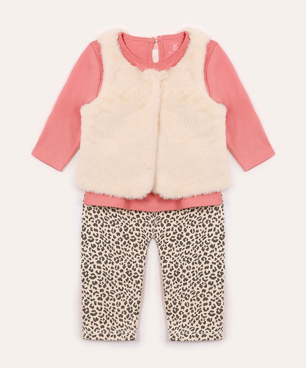 conjunto longo com colete infantil animal print rosa