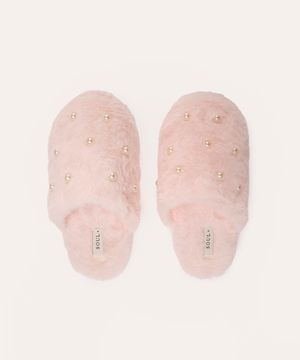 pantufa de pelúcia com pérolas rosa