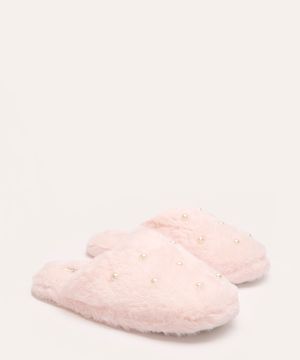 pantufa de pelúcia com pérolas rosa