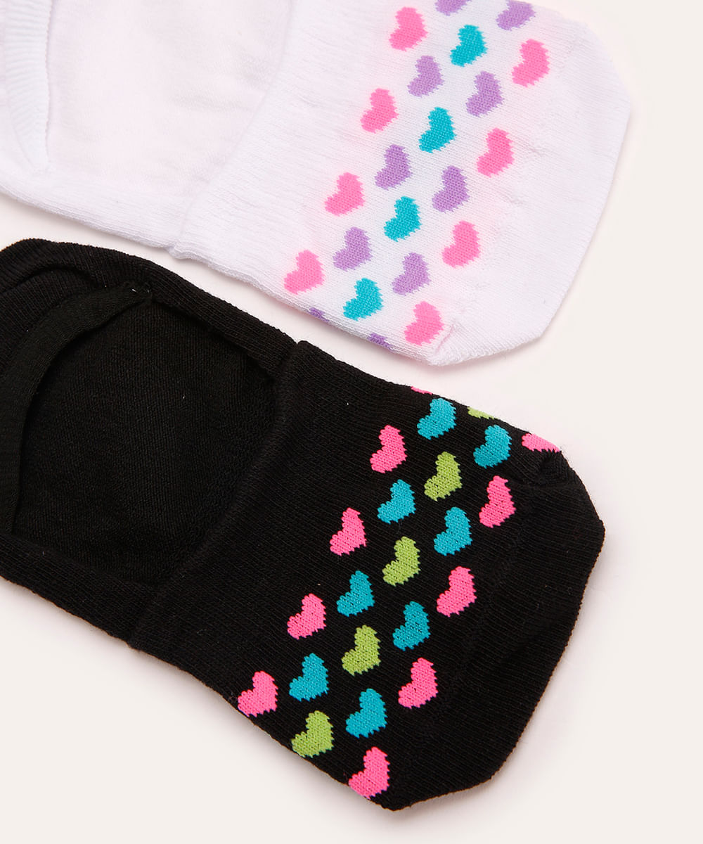 kit de 2 pares de meias invisível corações olorido