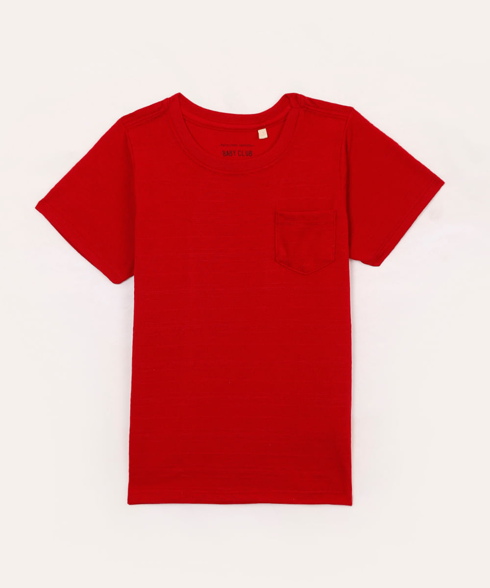 camiseta infantil texturizada com bolso vermelha