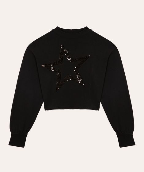 cropped de algodão juvenil estrela paetê preto