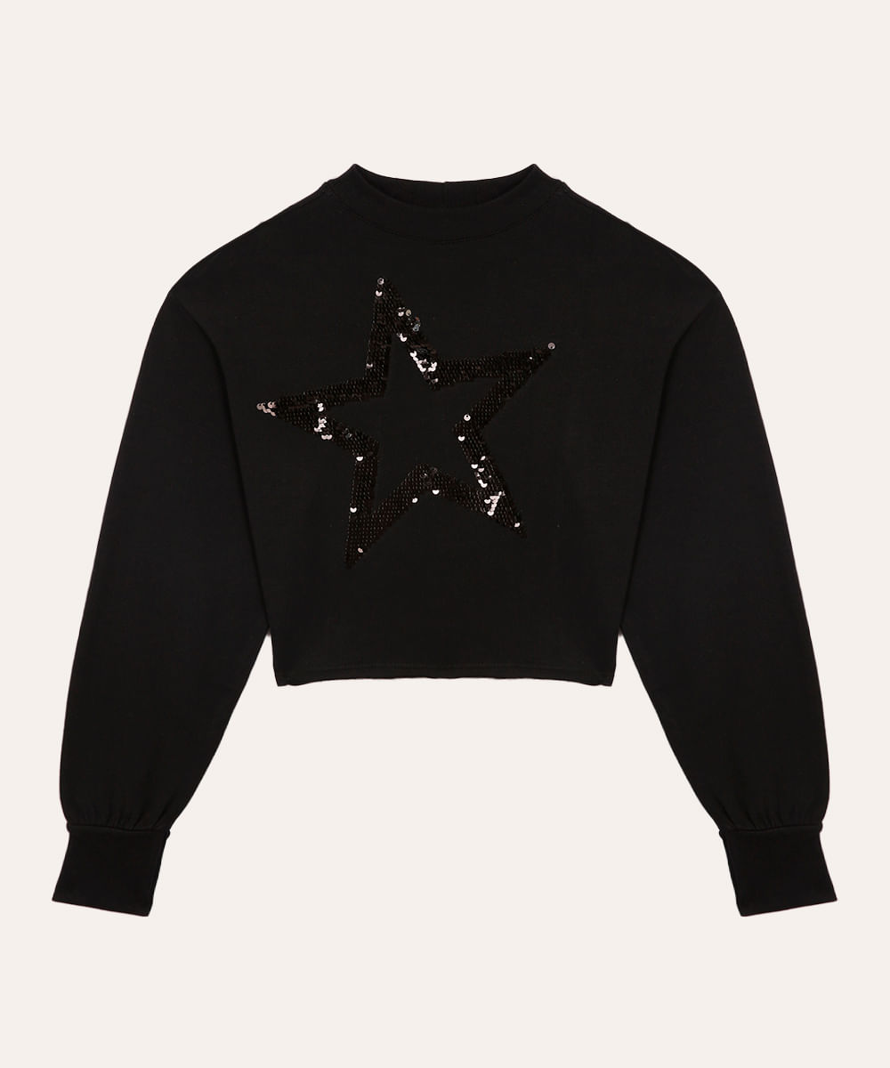 cropped de algodão juvenil estrela paetê preto