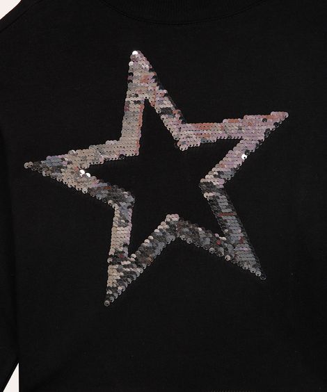 cropped de algodão juvenil estrela paetê preto