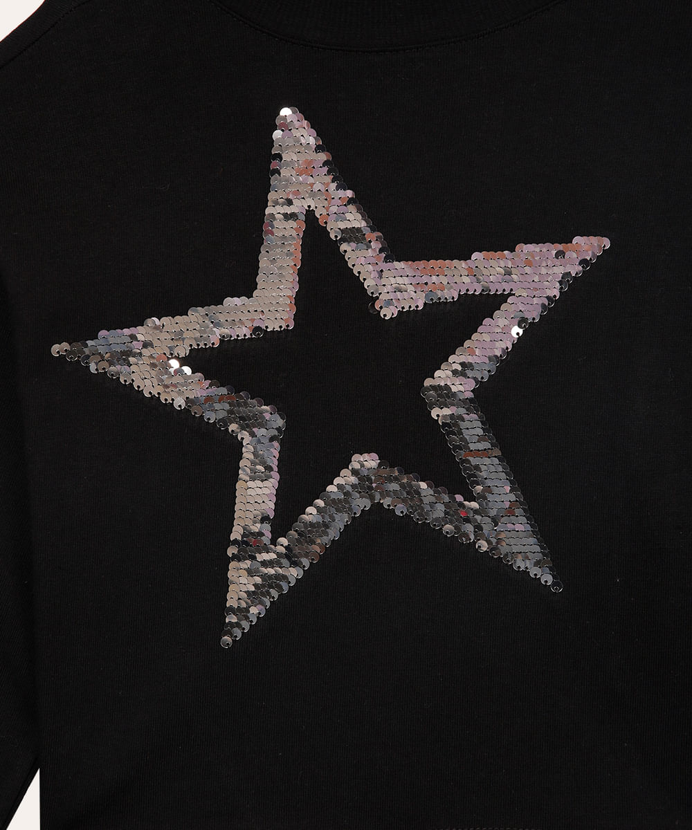 cropped de algodão juvenil estrela paetê preto