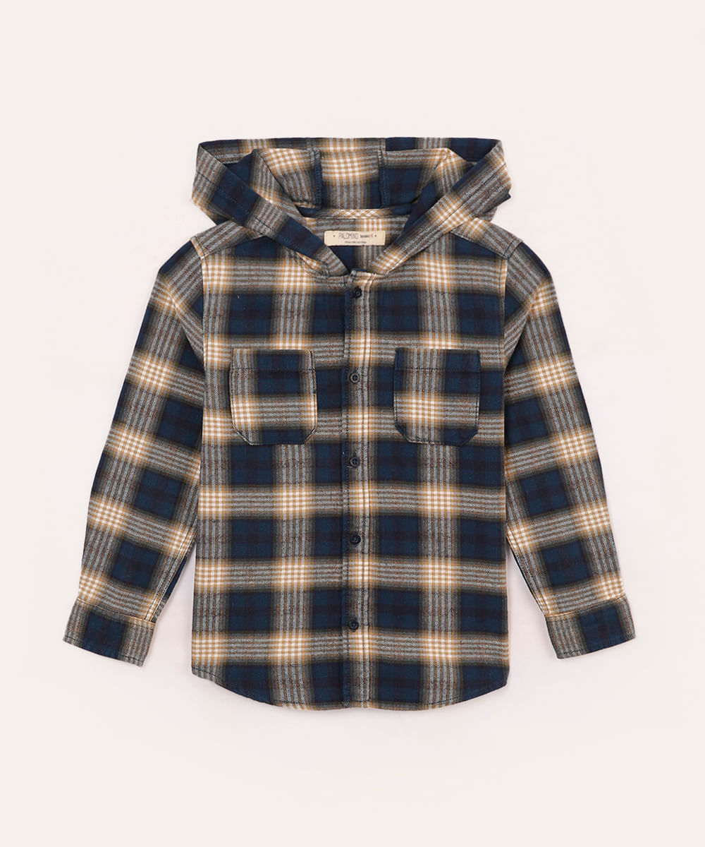 camisa xadrez infantil de algodão com capuz bege