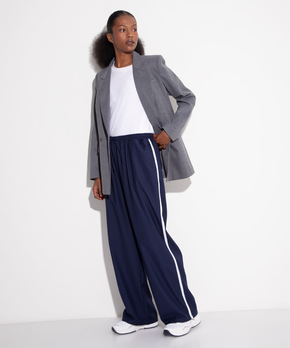 calça wide leg cós com elástico bicolor mindset azul marinho