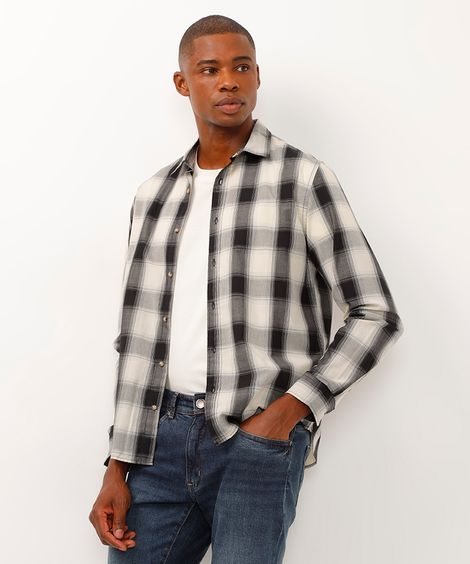 camisa de algodão comfort xadrez preta