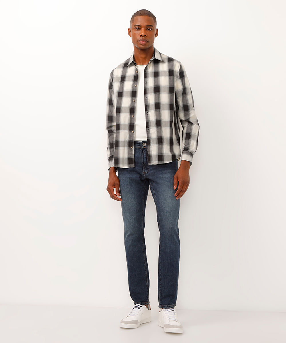 camisa de algodão comfort xadrez preta