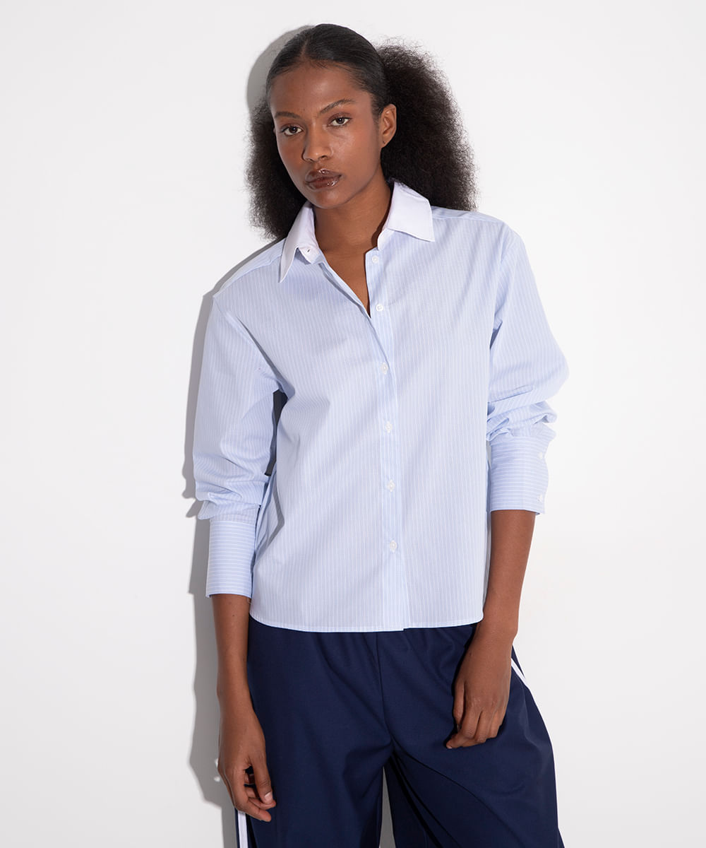 camisa de algodão gola contrastante listrada mindset azul