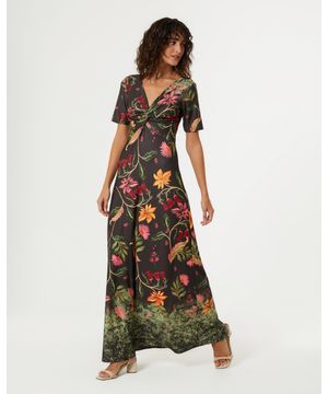 Vestido Longo Estampado Floral Degrade - Verde Militar