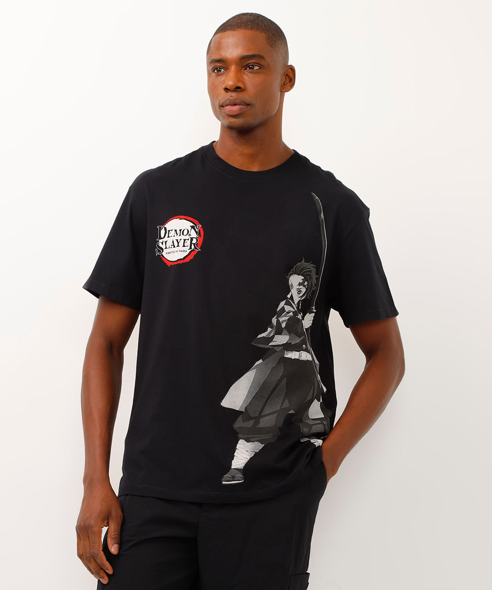 camiseta de algodão demon slayer preto