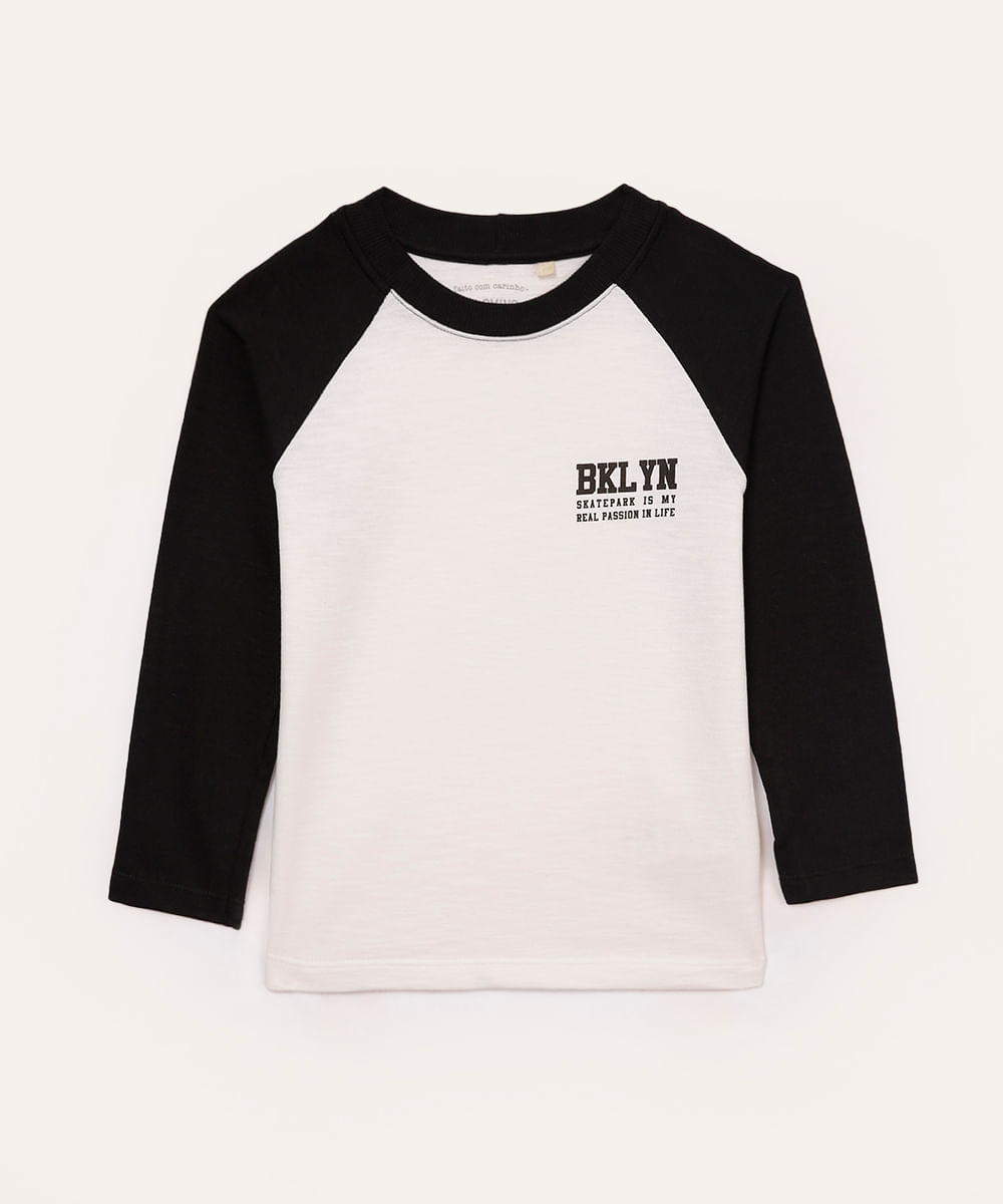 camiseta de algodão infantil raglan branca