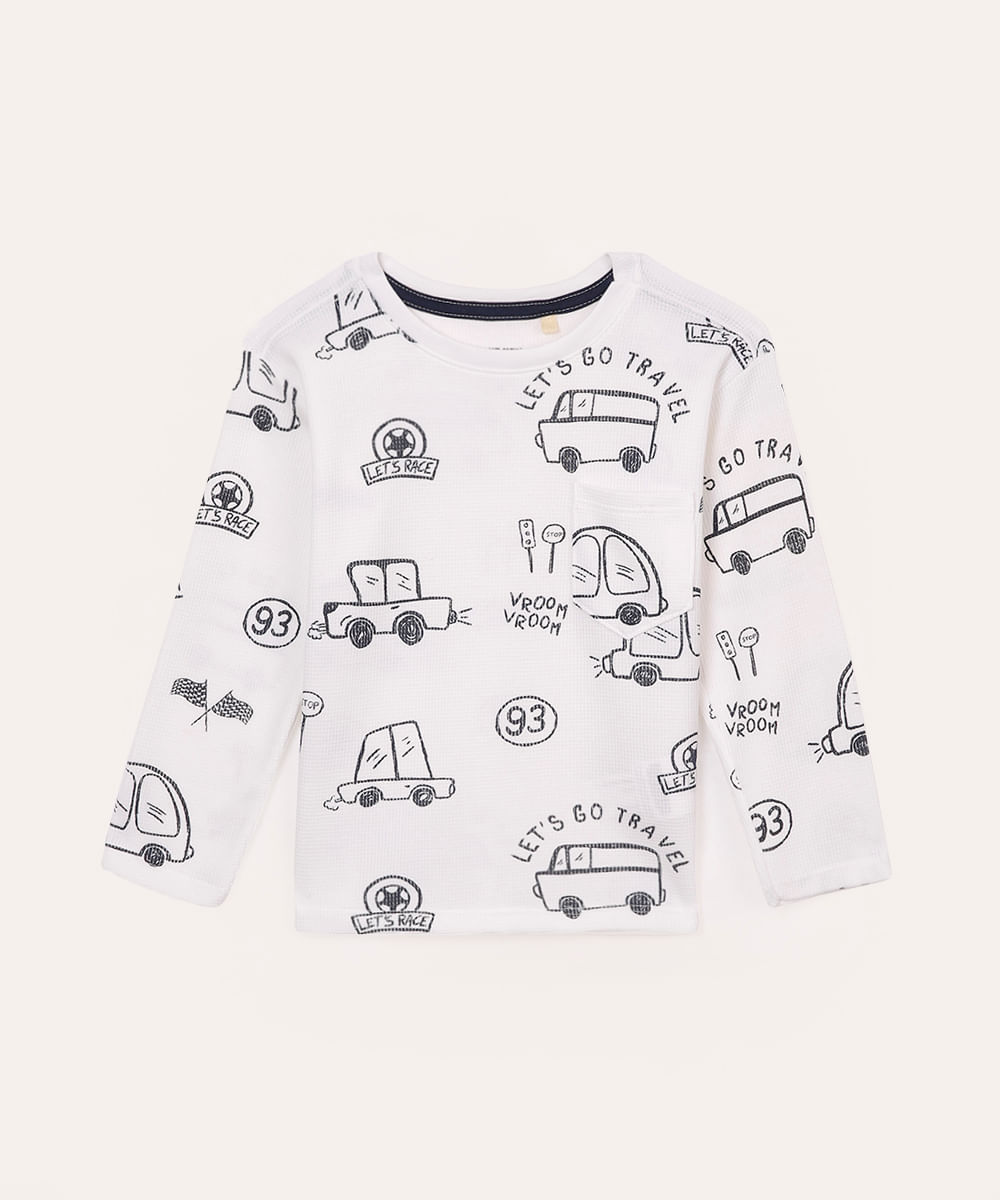 camiseta de algodão infantil texturizada carros branca