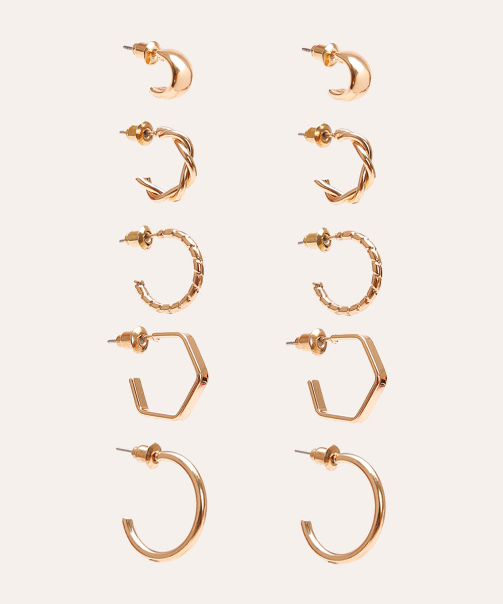 kit 5 pares de brincos mini argolas dourado