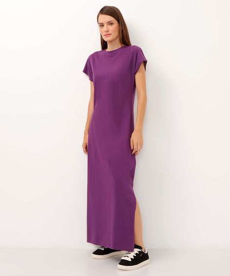 vestido de algodão básico com fenda longo roxo
