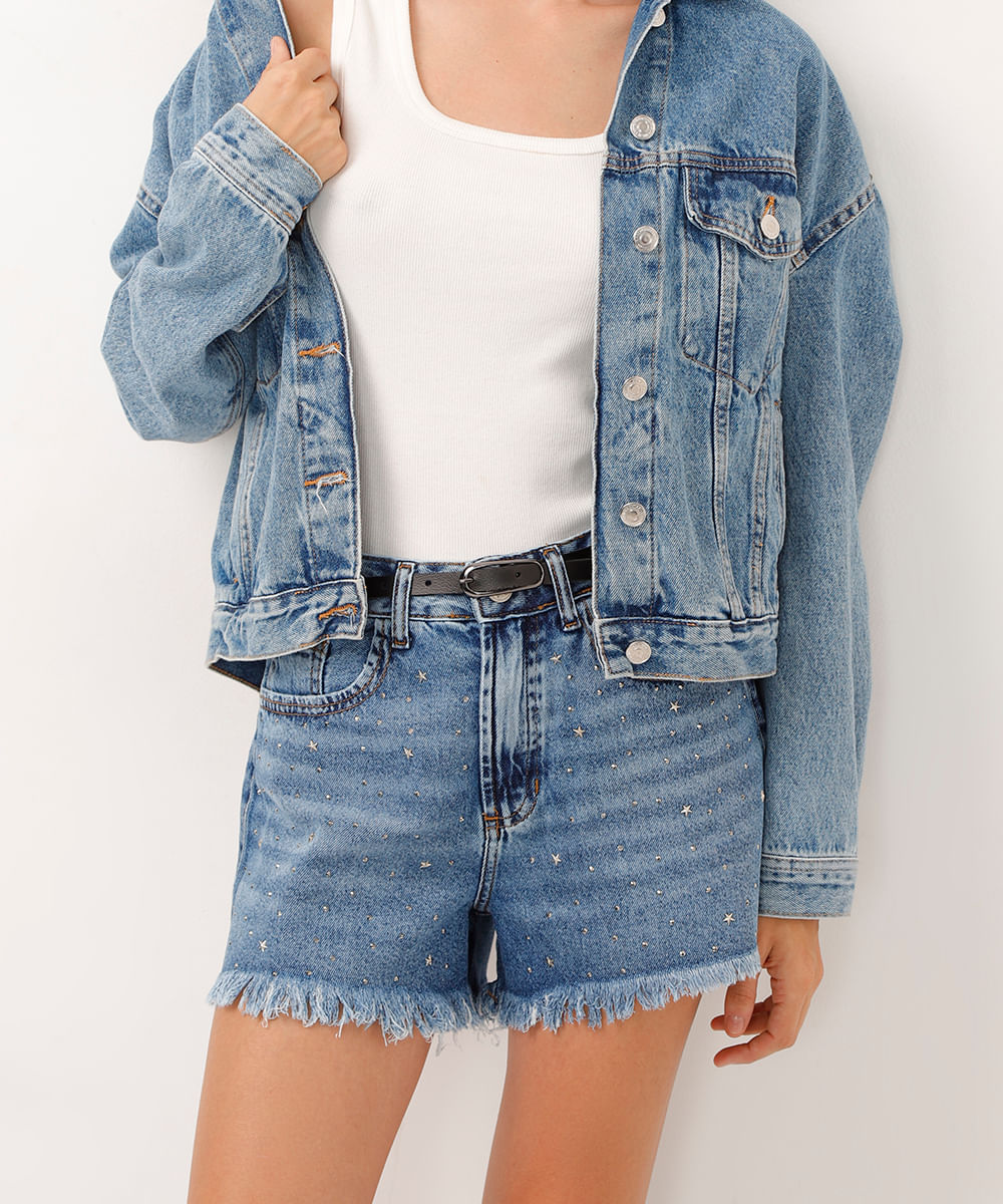 short jeans curto cintura super alta com brilhos azul