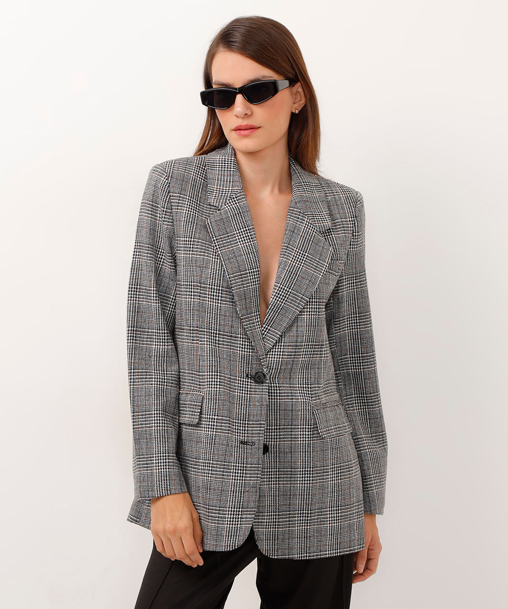 blazer de alfaiataria alongado xadrez preto