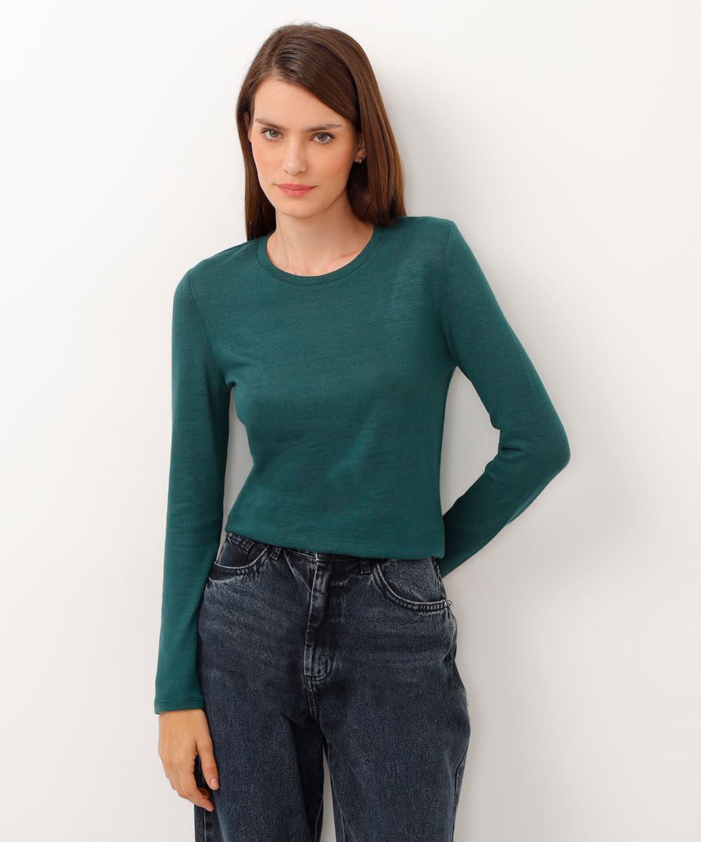 suéter básico de tricô decote redondo azul pastel - verde escuro