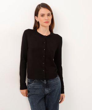cardigan de tricot decote redondo preto