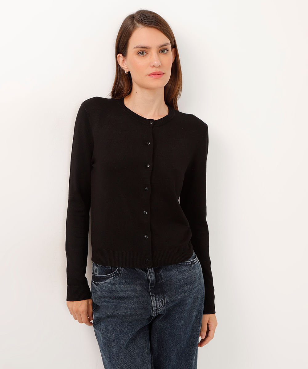 cardigan de tricot decote redondo preto
