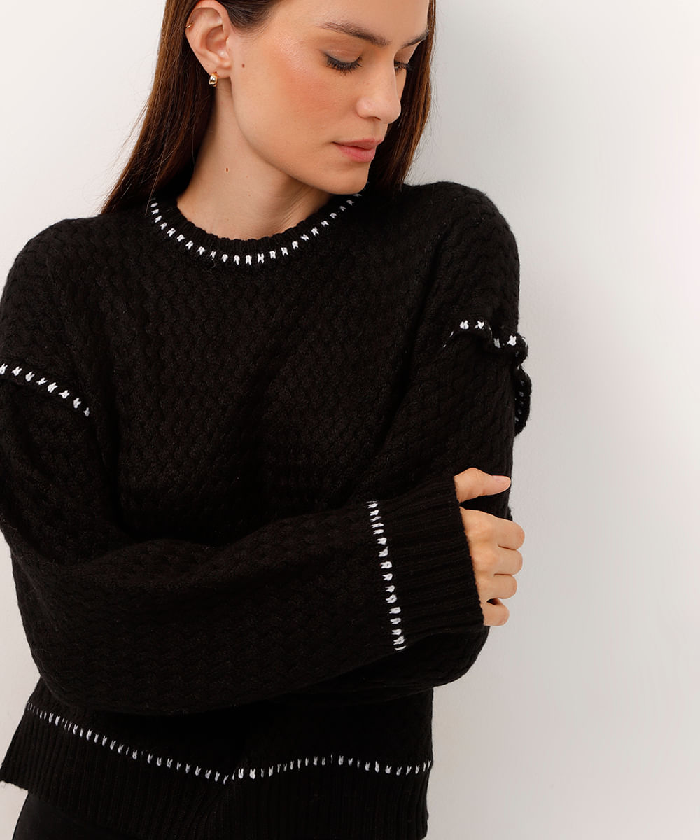 suéter de tricot texturizado bicolor preto