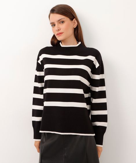 suéter de tricot gola alta listrado preto