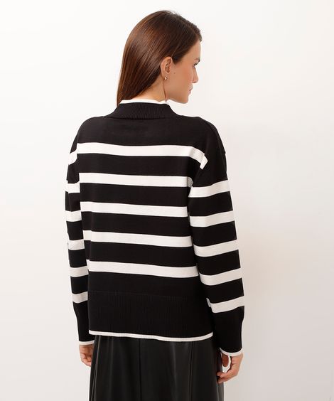 suéter de tricot gola alta listrado preto