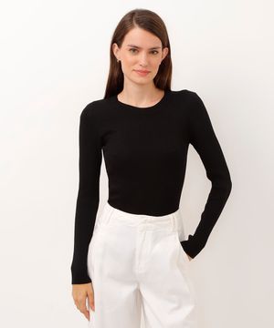 blusa alongada de tricot canelado preto