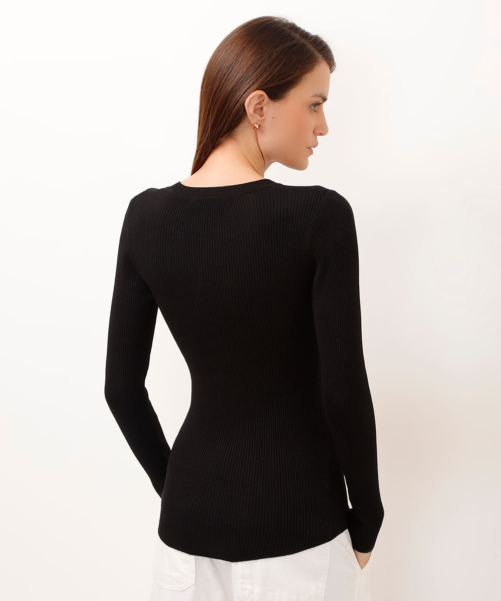 blusa alongada de tricot canelado preto