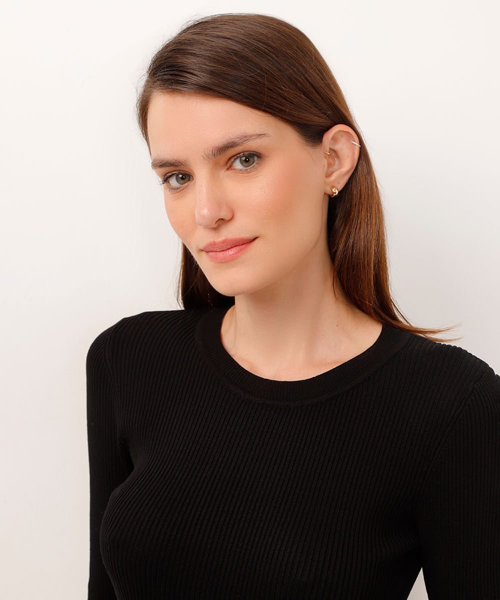blusa alongada de tricot canelado preto