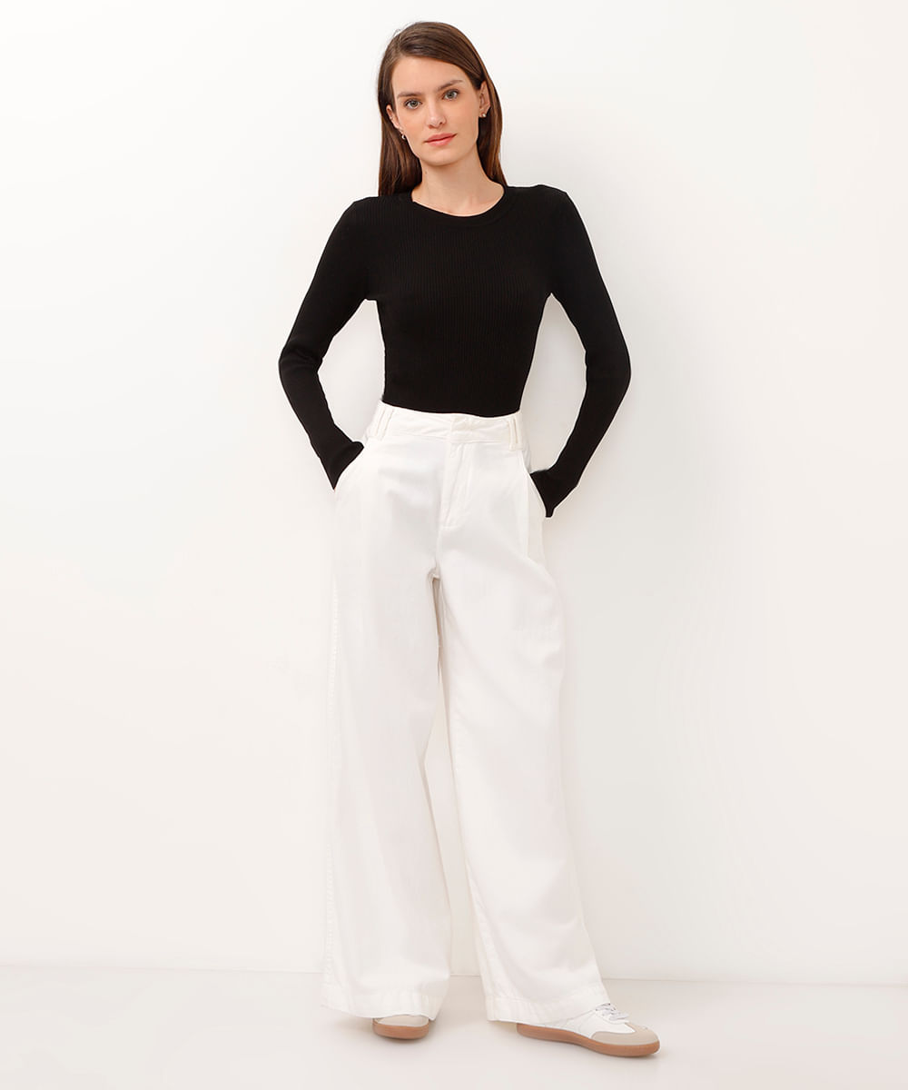 blusa alongada de tricot canelado preto