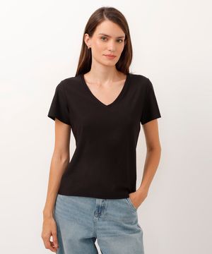 blusa básica flamê de algodão manga curta decote v preta