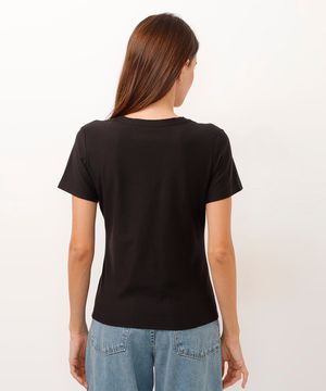 blusa básica flamê de algodão manga curta decote v preta